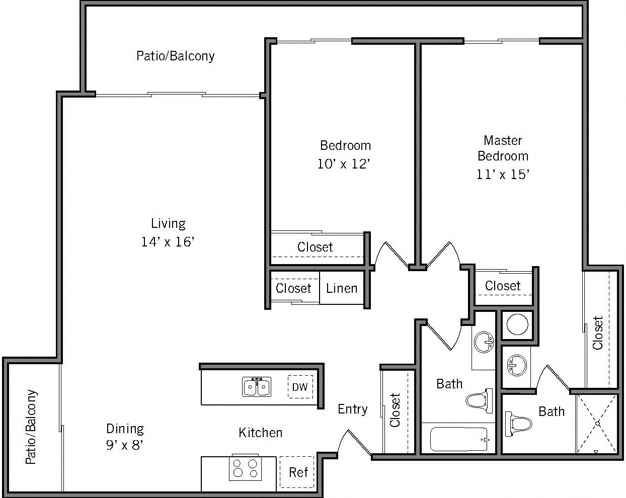 Floor plan for 2 beds, 2 baths, 1010 sqft